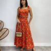 Conjunto Feminino Lara Bordado Cropped e Saia Midi Laranja