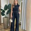 Conjunto Liz Cropped com Bolsos Falsos e Calça Pantalona Preto