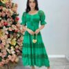 Vestido Fernanda Midi sem Bojo Manga Princesa Bordado Verde