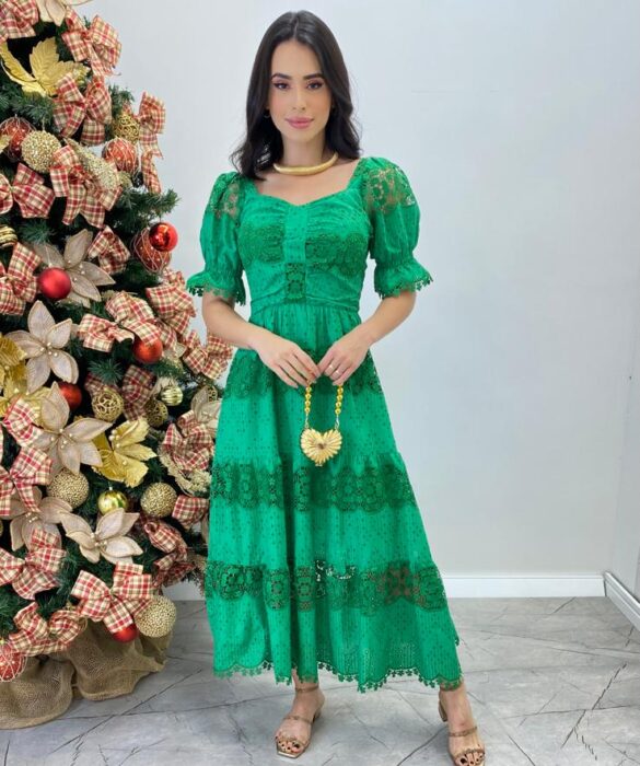 Vestido Fernanda Midi sem Bojo Manga Princesa Bordado Verde