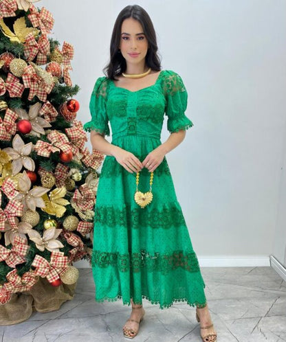 Vestido Fernanda Midi sem Bojo Manga Princesa Bordado Verde