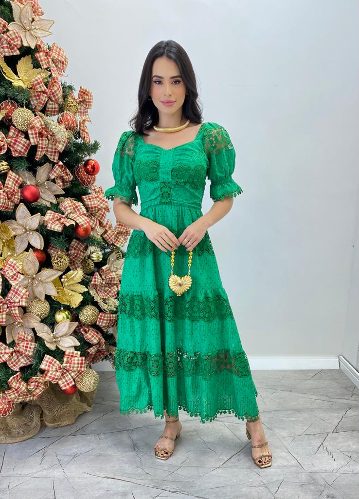 Vestido Fernanda Midi sem Bojo Manga Princesa Bordado Verde