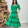 Vestido Fernanda Midi sem Bojo Manga Princesa Bordado Verde