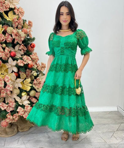 Vestido Fernanda Midi sem Bojo Manga Princesa Bordado Verde