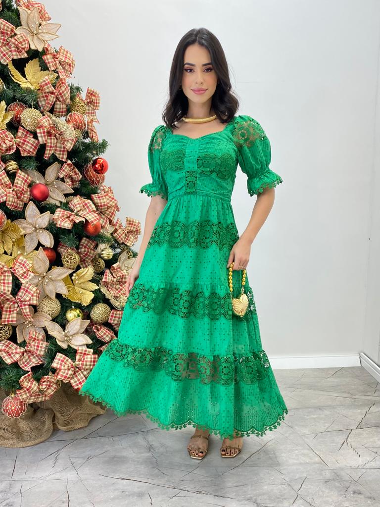 Vestido Fernanda Midi sem Bojo Manga Princesa Bordado Verde