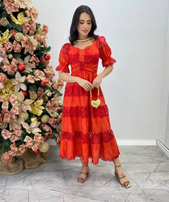 Vestido Fernanda Midi sem Bojo Manga Princesa Bordado Vermelho