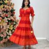 Vestido Fernanda Midi sem Bojo Manga Princesa Bordado Vermelho