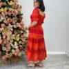 Vestido Fernanda Midi sem Bojo Manga Princesa Bordado Vermelho