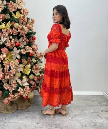 Vestido Fernanda Midi sem Bojo Manga Princesa Bordado Vermelho