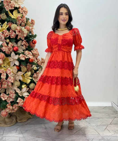 Vestido Fernanda Midi sem Bojo Manga Princesa Bordado Vermelho