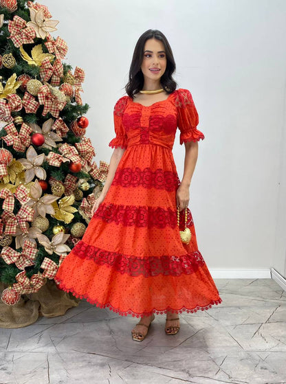 Vestido Fernanda Midi sem Bojo Manga Princesa Bordado Vermelho