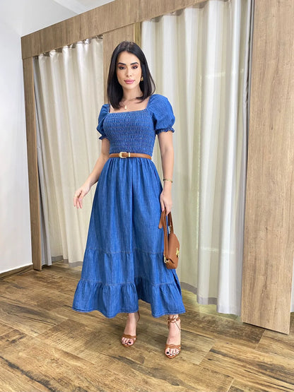 Vestido Midi Jeans Manga Bufante sem Bojo com Lastex